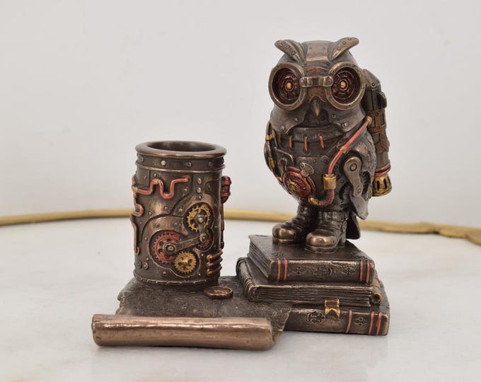 Steampunk Owl - Desk Organizer Phone and Pen Holder Figurine for Office Decor Unique Steampunk - Workspace Gift Idea for Birthday, Student