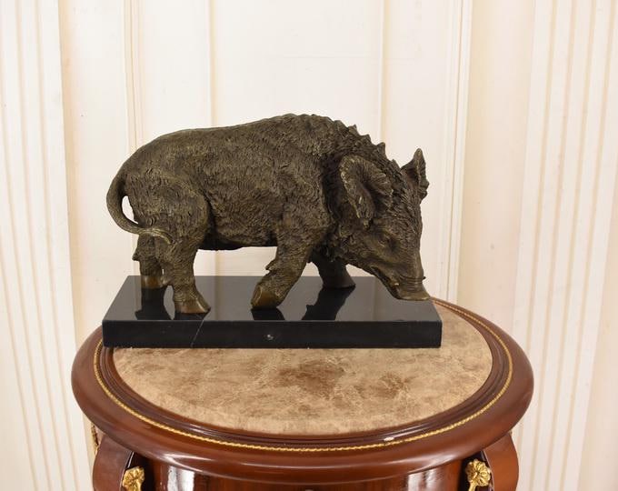 Large Bronze Boar Statue: Warthog Figurine, Hunting Decor