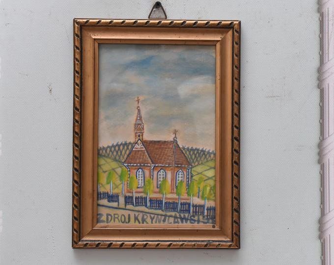 Nikifor Krynicki Painting: Old Krynica Zdroj, Polish Art Pastel on Carton