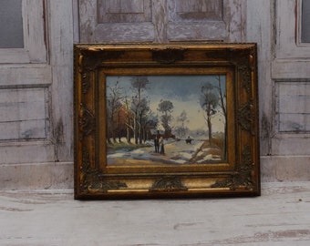 French Winter Landscape Painting with Golden Frame