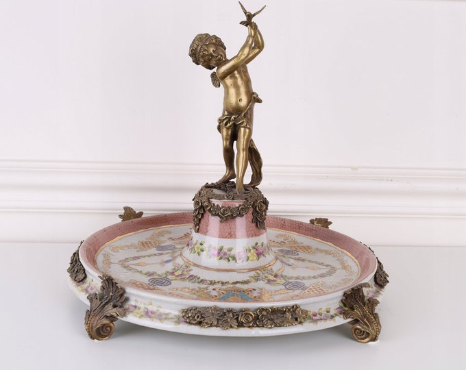 Plateau Cherub with Bird - Porcelain and Bronze Ornaments - Painted Porcelain - Richly Decorated - Flowers Design -  Home Decor - Gift Idea