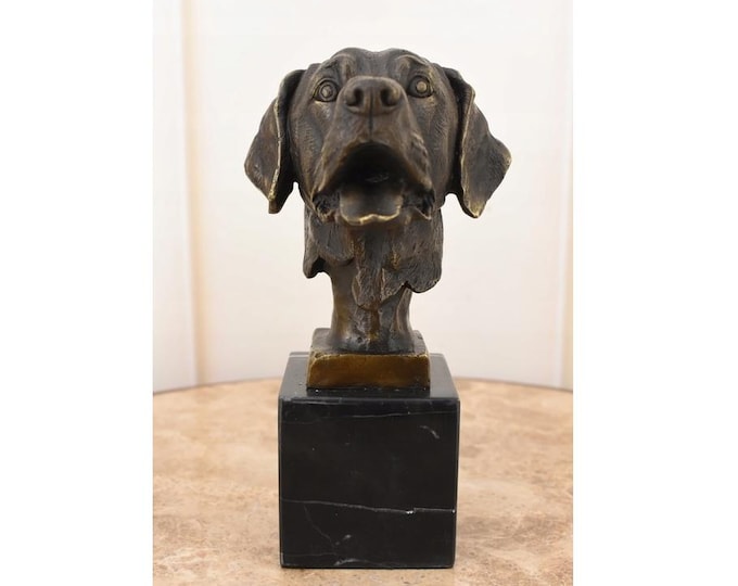 Vintage Bronze Labrador Bust: Elegant Dog Sculpture on Marble Base