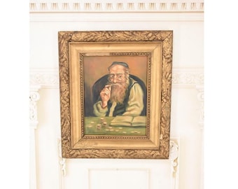 Antique Jewish Oil Painting Signed Lille: Jew with Coins, Judaica Art