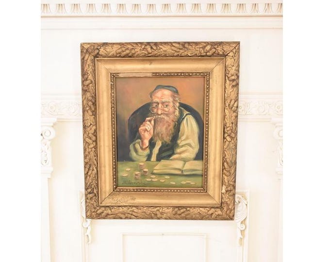 Antique Jewish Oil Painting Signed Lille: Jew with Coins, Judaica Art