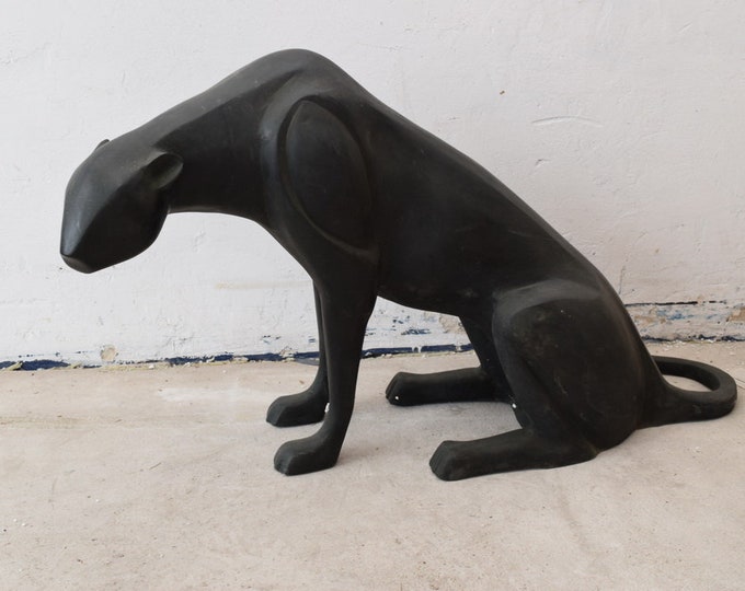 Very Large Cougar Bronze Sculpture - Green Patina Sitting Big Panther - Modernist Figurine - Statue Animal Gift Idea -