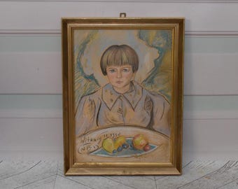 Antique Painting - Portrait Woman Witkacy 1930 - Old Painting on Carton - Drawing Pastel Art Nouveau - Home Decor - Wall Decor - Wall Art