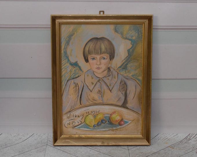 Antique Painting - Portrait Woman Witkacy 1930 - Old Painting on Carton - Drawing Pastel Art Nouveau - Home Decor - Wall Decor - Wall Art
