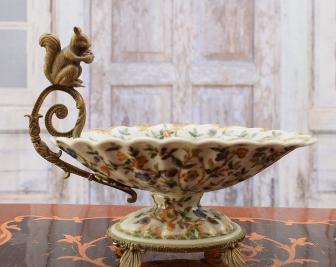 Porcelain Plateau with Bronze Squirrel - Plateau Squirrel Ornaments - Flowers Design - Home Decor - Art Nouveau Gift Idea