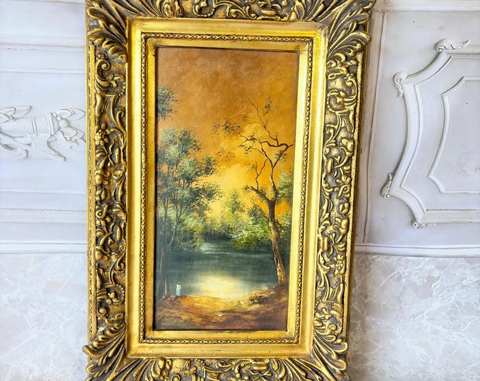 Vintage French Village Painting - Forest and River Landscape - Gold Frame - European Landscape Art