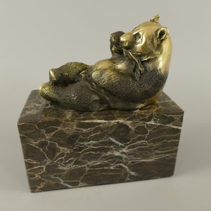 Gilded Statue Lying Panda - Realistic Amazing Bronze - Figurine Statue Animal Gift Idea - Foundry Mark -