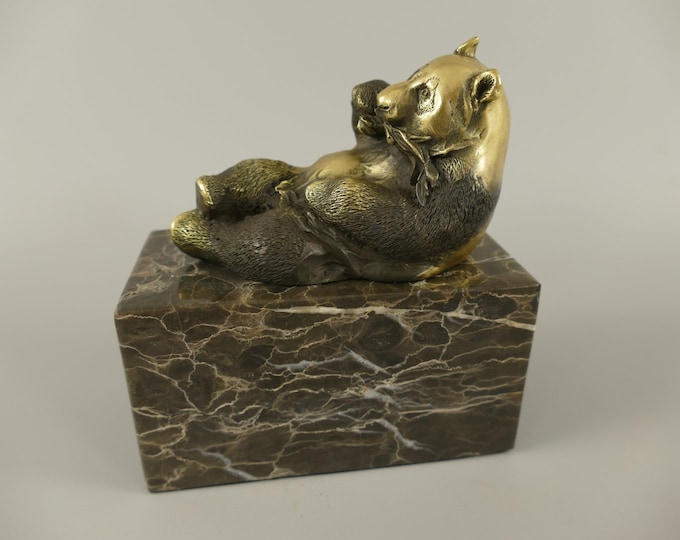 Gilded Statue Lying Panda - Realistic Amazing Bronze - Figurine Statue Animal Gift Idea - Foundry Mark -