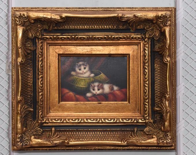 Two Cats Painting: Signed Art in Gold Frame