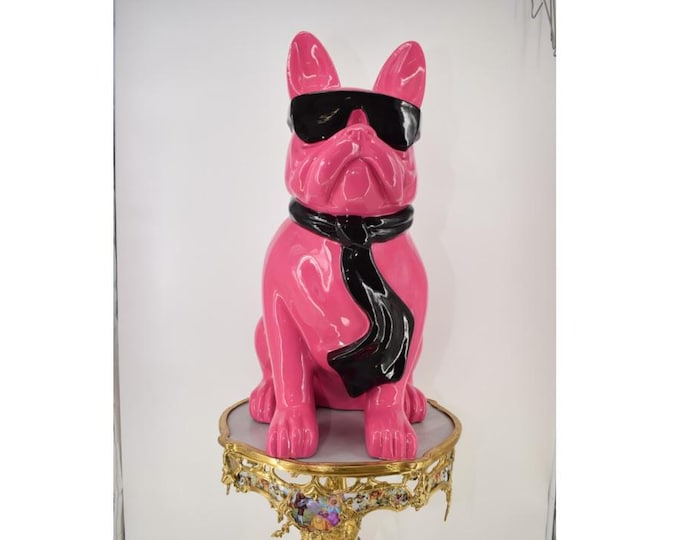 Modern Pink Sitting Bulldog Statue with Glasses – Funky Dog Figurine for Home & Garden Decor – Unique Gift Idea