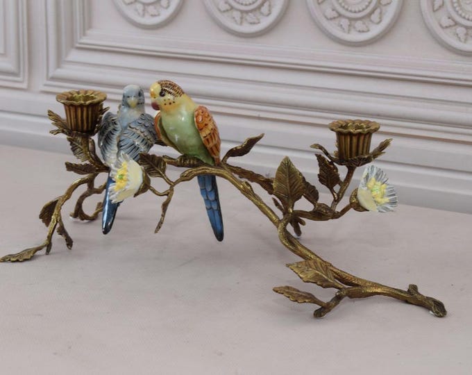 Art Deco Porcelain Parrot Candlestick – Bronze Bird Branch Centerpiece
