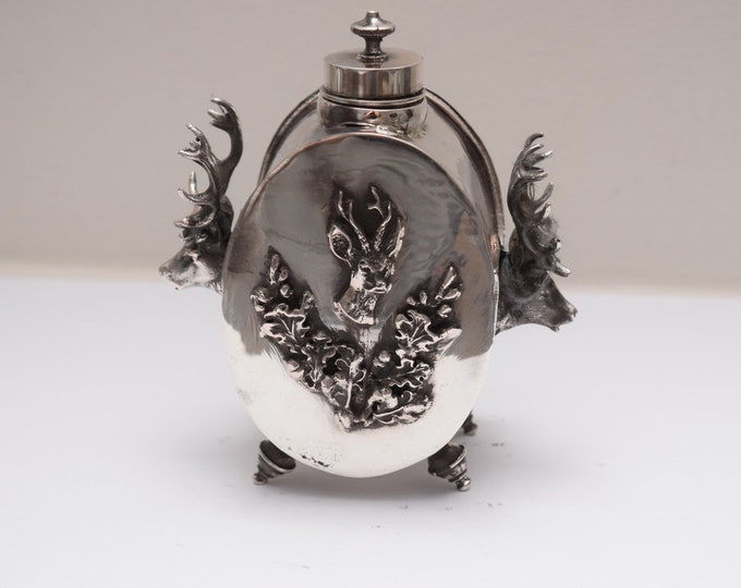 Silver Old Hunter Inkwell deers and wolf - Hunters Instand Rare Silver deer