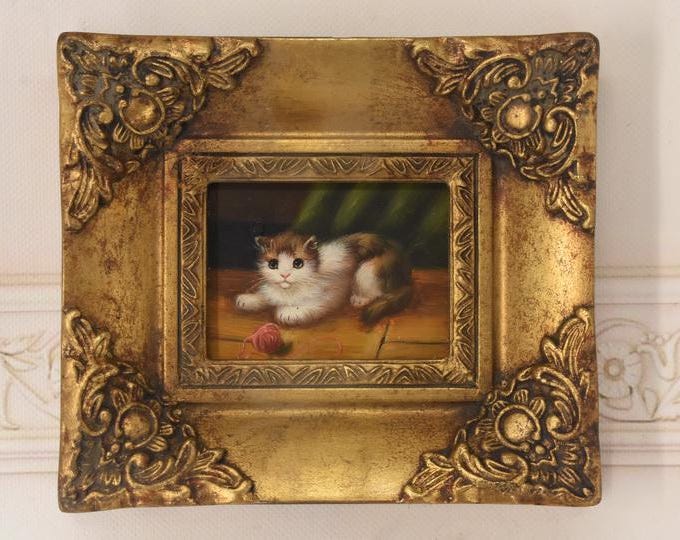 Amazing Painting Cute Kitty - Cat Painting in Nice Gold Frame - Wall Decor - Gift Idea for Birthday, Wedding, Housewarming
