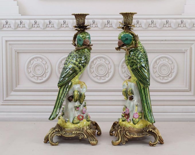 Green Pair Candlesticks Porcelain and Bronze Ornaments , Regency Candlestick, Boho Decor, Green Parrots Statues, Home Decor - Gift Idea