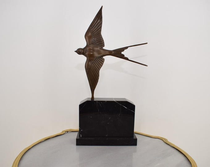 Elegant Bronze Swallow Bird Sculpture on Marble Base - French Vintage Figurine, Classic Home Decor  - Unique Gift Idea