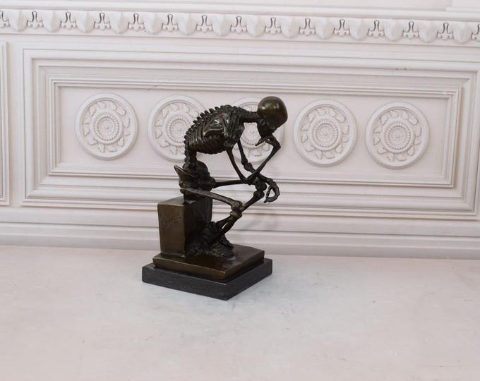 Thinker Sittin Skeleton Bronze Sculpture on Marble Base - Vintage Statue - Foundry Mark - Home Decor - Halloween Statue  - Gift Idea