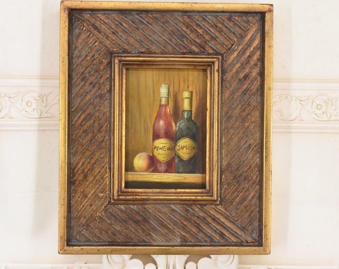 French Wine Still Life Oil Painting: Vintage Rustic Kitchen Art