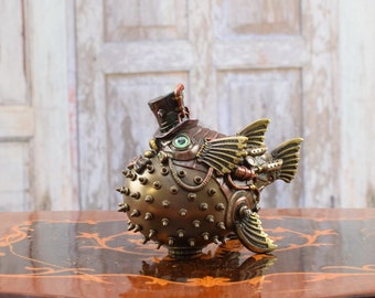 Steampunk fish - figurine metal bronze - steampunk puffer fish statue - gift good idea - personalized gifts - amazing home decor