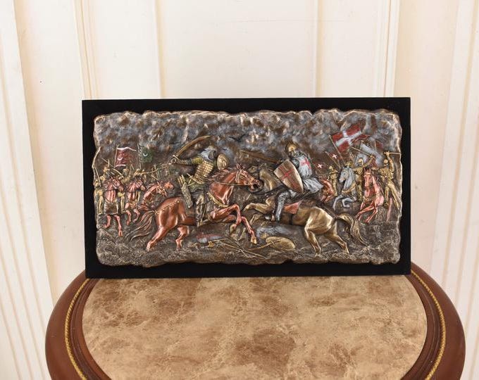 Battle of Hattin Relief Plaque – Medieval Armies Scene, Standing Table Decor