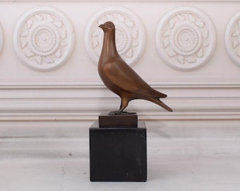 Vintage Bronze Pigeon Sculpture on Marble Base - Signed Bird Figure