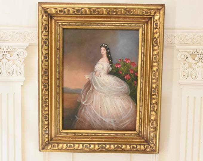 Painting Portrait French Aristocrat - Goldene Frame - Portrait Woman - Old Oil on Wood - French Art - Wall Decor - Gift for Birthday Wedding