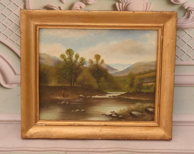 Antique Oil Painting: Fisherman by Lake, Rustic Countryside in Vintage Frame