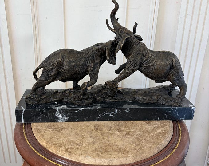 Bronze Fighting Elephants Sculpture – Vintage Marble Base Home Decor