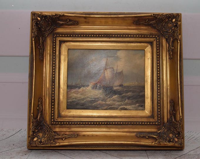 Vintage Painting Boat on Sea - Painting with Gold Frame - Sea Lovers Art - Painting HandMade Wall Decor - Home Decor - Gift Idea