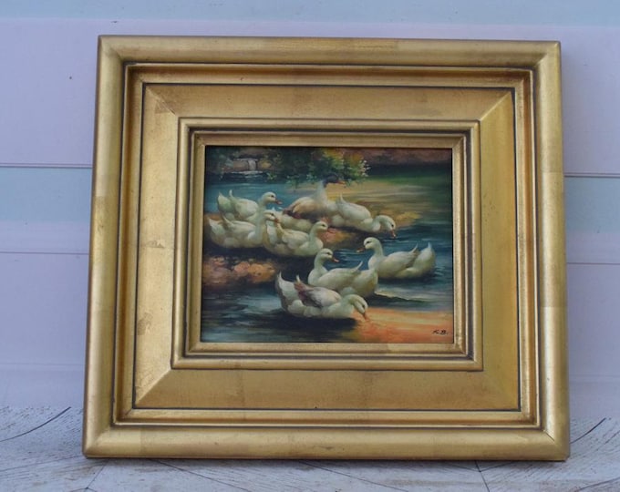 Painting Family Ducks - Nice Frame - Ducks Painting Art - Old Oil on Wood - French Art - Wall Decor - Home and Office Decor - Gift Idea