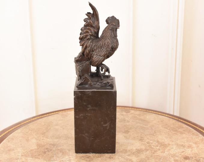Realistic Bronze Rooster Sculpture – Vintage Farmhouse Decor, Signed Figurine