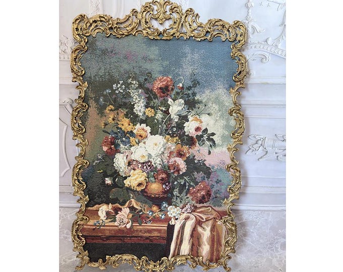 Large Vintage Floral Gobelin Tapestry – Ornate Bronze Frame Wall Art