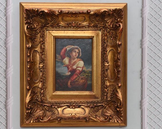 Vintage Wood Portrait – Young Girl, Golden Frame, Wall Decor