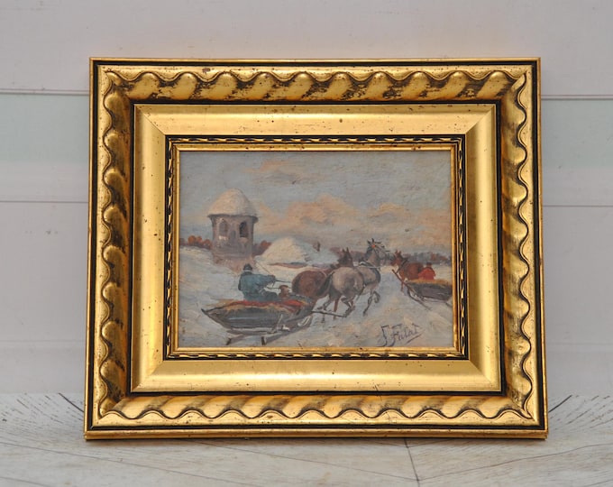 Antique Painting - Falat Hunting Trip - Old Oil on Wood - Winter Landscape Art - Vintage Wall Decor - Elegant Home Gift