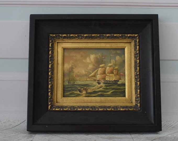 Vintage Painting Boat on Sea - Painting with Unique Frame - Sea Lovers Art - Painting HandMade Wall Decor - Home Decor - Gift Idea