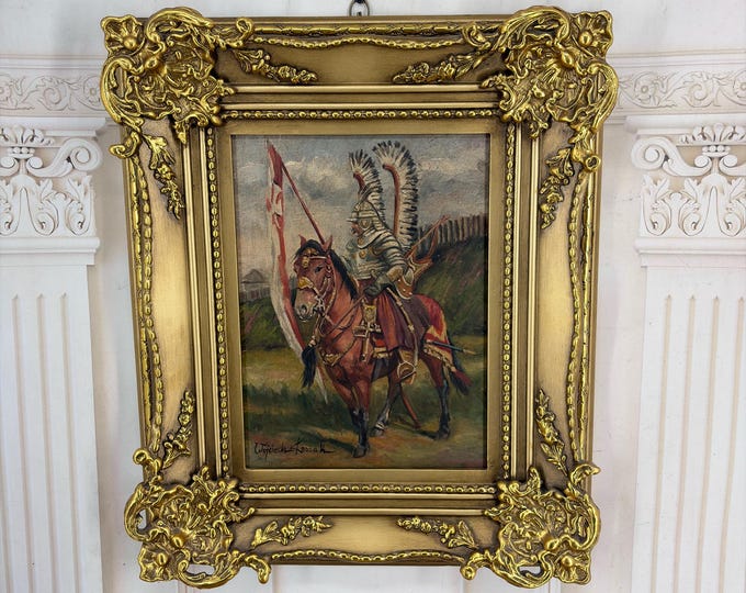 Polish Winged Hussar Painting – Vintage Framed Cavalry Battle Art