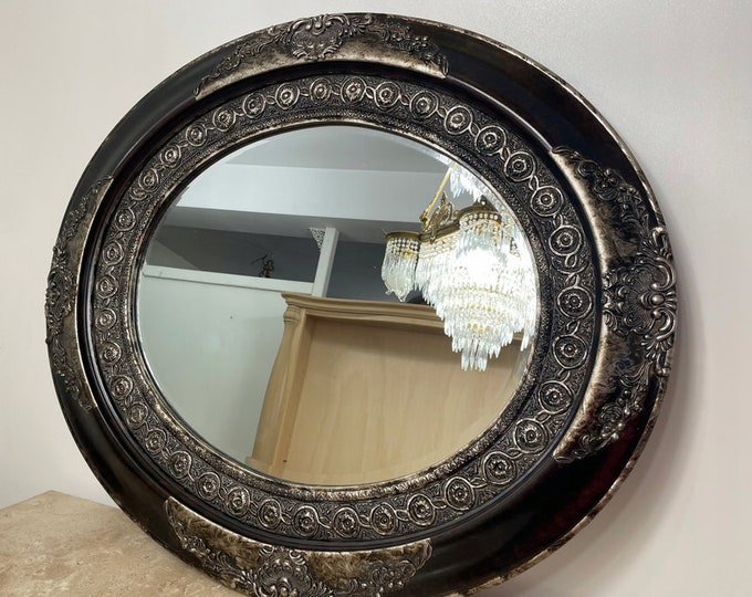 Mirror Oval Crystal Beveled  Black and Silver Art Deco Style  Gift Idea