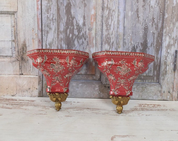 Red Consoles Wall Decor Flowers Design - Pair Set Porcelain Consoles  with Bronze Ornaments - Art Deco Console - Home Decor Gift Idea