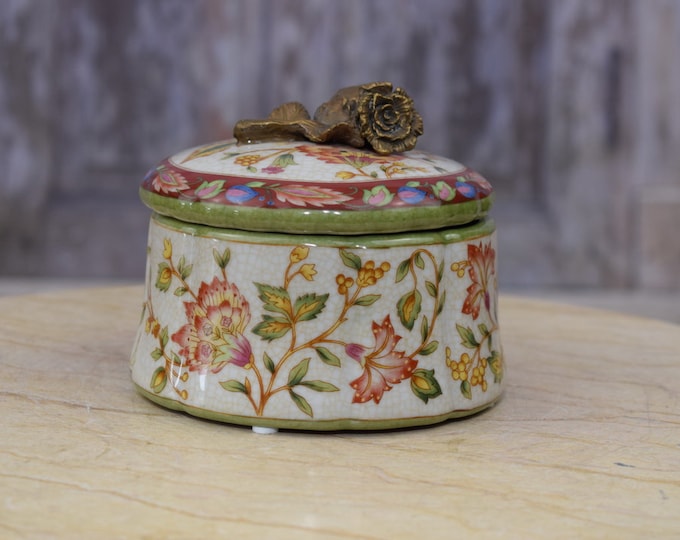 Porcelain Casket - Floral Design - Rose Bronze Ornaments Art Nouveau Style - Porcelain Box Vintage Gift - Foundry Mark - Home Decor