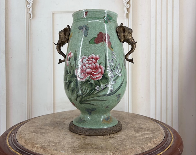Mint Green Porcelain Vase with Bronze Elephants – Signed French Vintage Urn