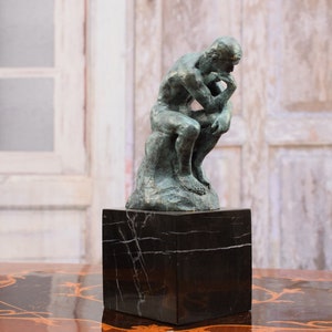 Bronze Statue Thinker Auguste Rodin - Bronze Sculpture Green Patina Thinker on Marble Base - Gift Idea -