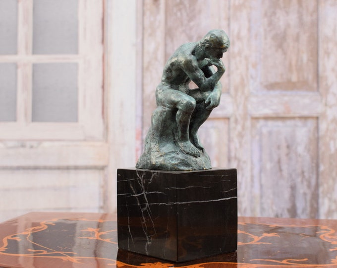 Bronze Statue Thinker Auguste Rodin - Bronze Sculpture Green Patina Thinker on Marble Base - Gift Idea -