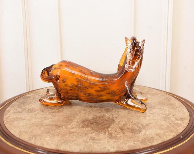 Vintage Amber Color Glass Horse Sculpture – Murano Style Venetian Art – Sitting Horse Decor