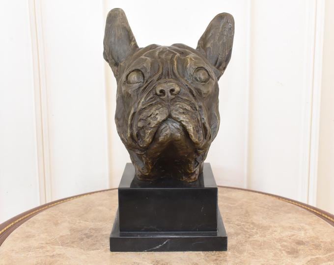 Vintage Bronze English Bulldog Bust Sculpture – Signed Paris Foundry, Marble Base