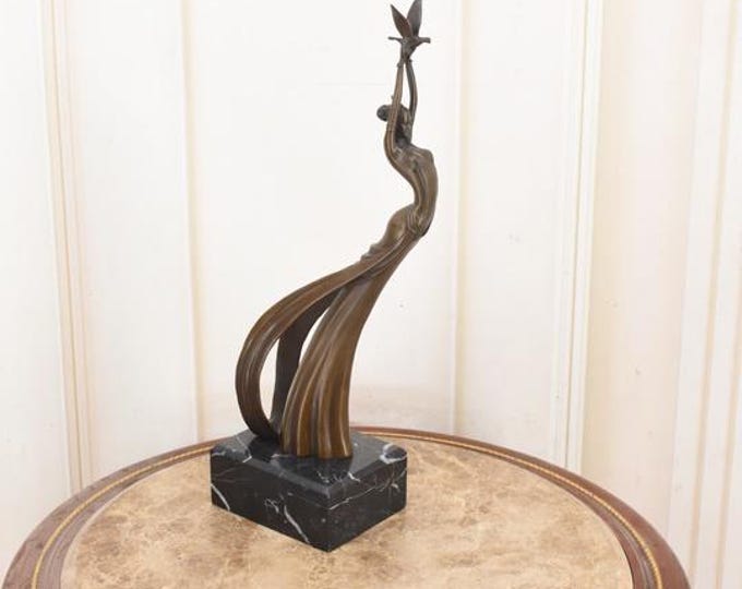 Art Deco Bronze Woman with Pigeon Statue – Vintage Marble Base Sculpture