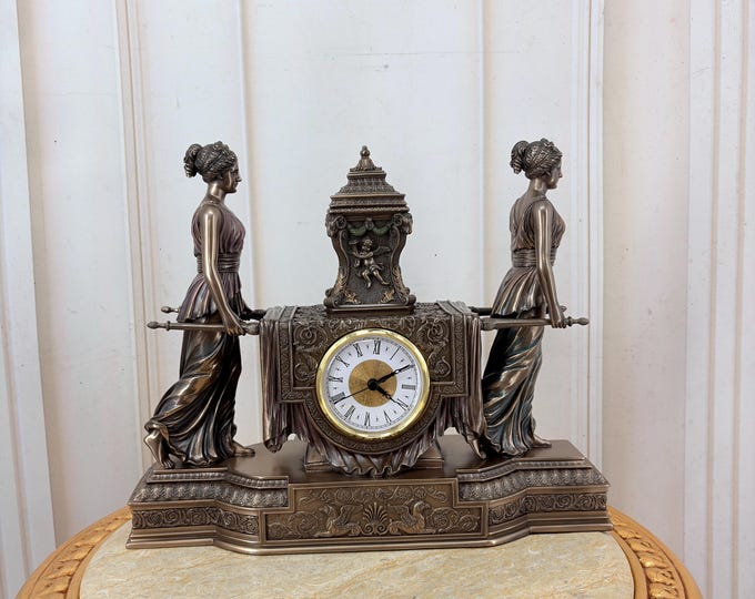 Ornamental Sedan Chair Mantel Clock with Classical Ladies - Battery Operated - Bronze Coated Resin