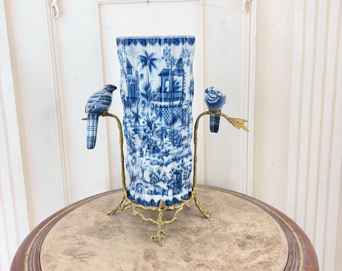 Signed Porcelain Vase with Birds – Blue White Asian Style Decor