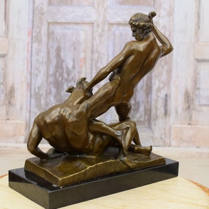 Large Bronze Sculpture Theseus Fighting the Minotaur - Ramoy Bronze Style - Bronze Statue on Marble Base - Mythology Sculpture Home Decor